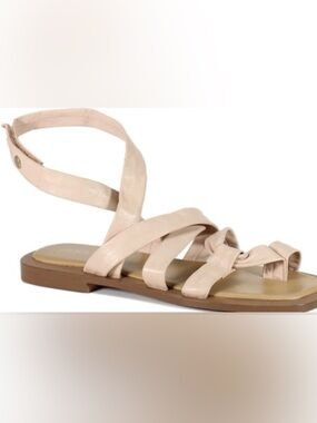 Women's Neutral Wrap-Strap Flat  Real Leather Sandal with Knot Accent